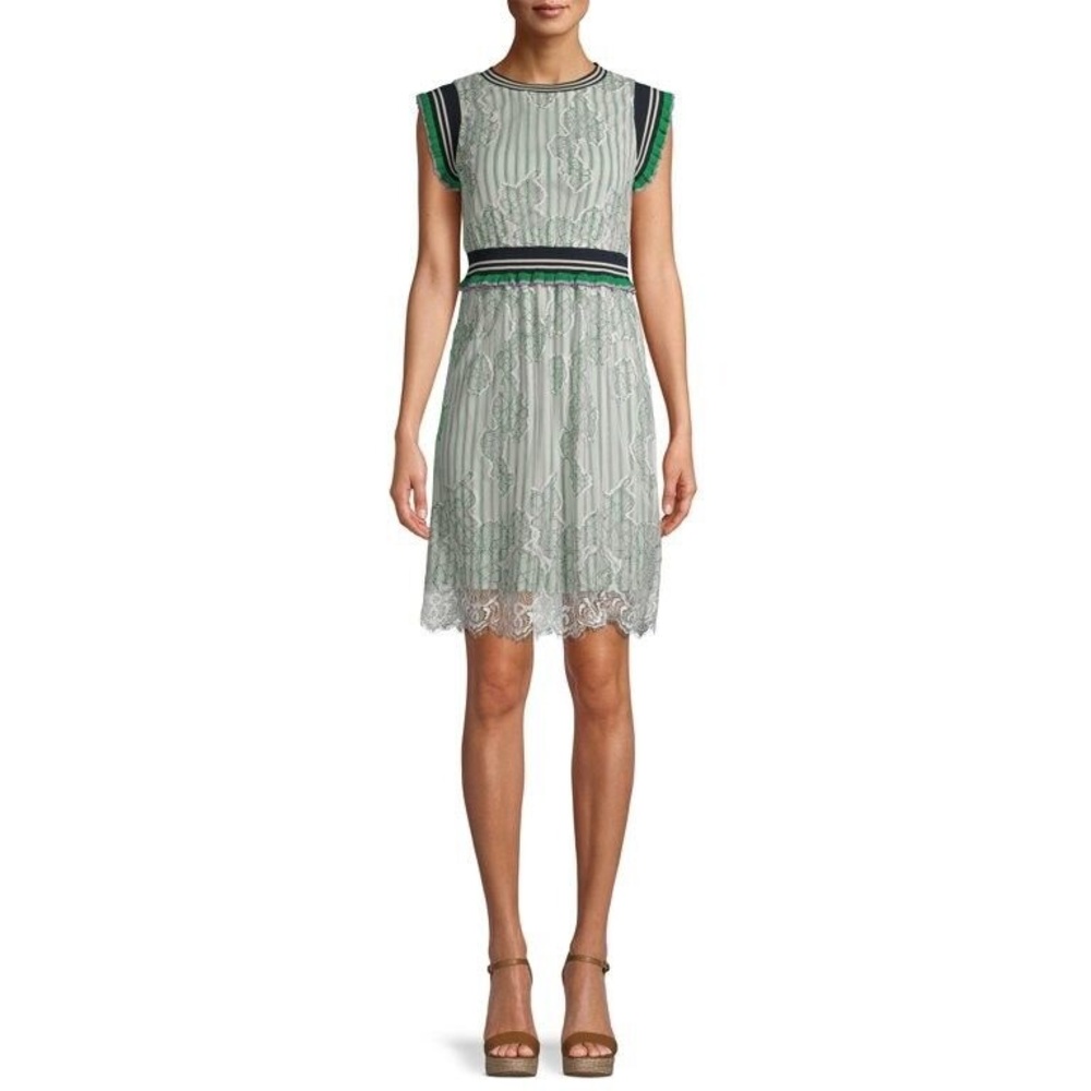 SUI BY ANNA SUI Green & White Striped Dress with Floral Lace Overlay - Sz XS